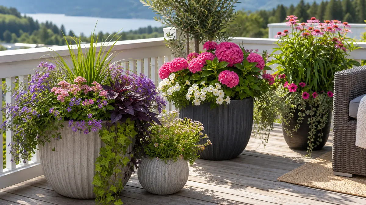 Blommor i krukor visad som redaktionell trädgårdsillustration i en frodig svensk trädgårdsmiljö