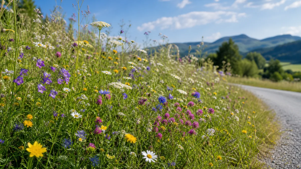 Blommor för vägkanten visad som redaktionell trädgårdsillustration i en frodig svensk trädgårdsmiljö