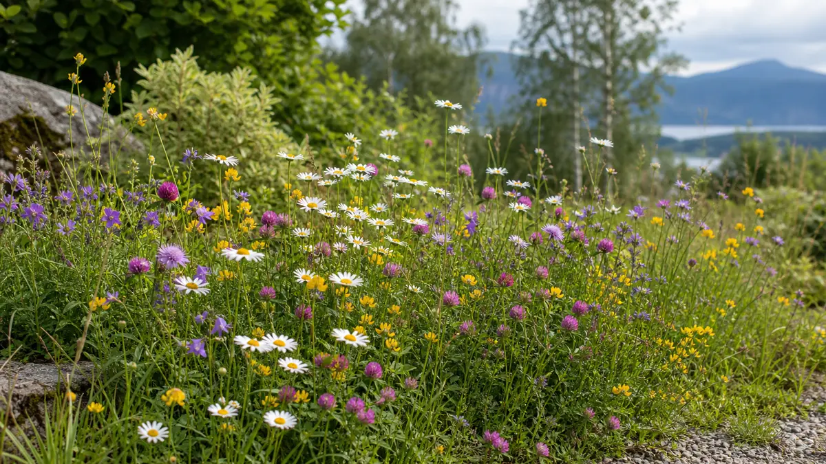Ängsblommor frö visad som redaktionell trädgårdsillustration i en frodig svensk trädgårdsmiljö