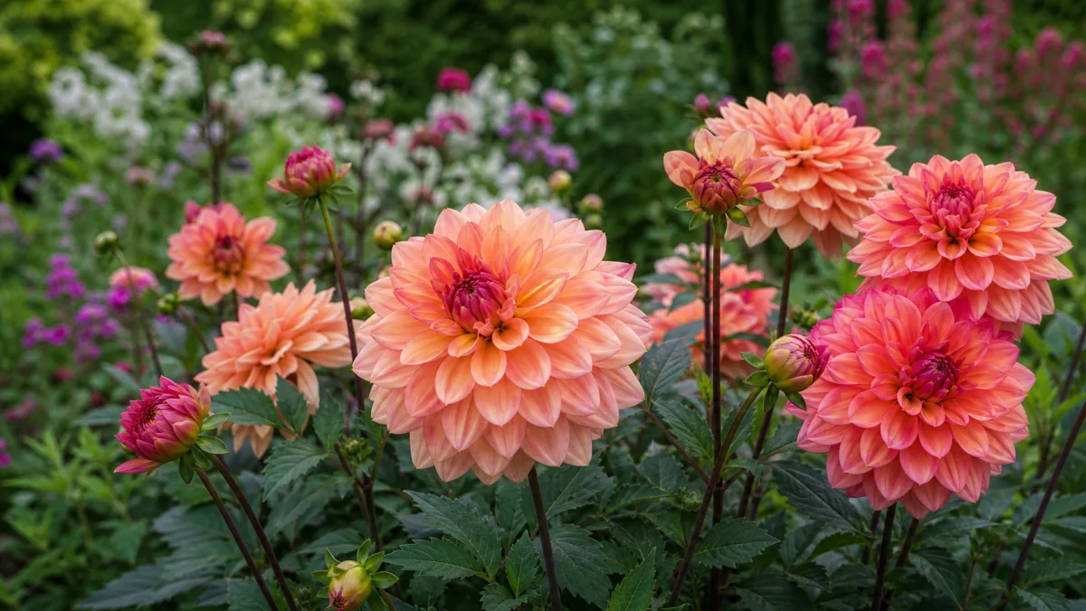 Dahlia 'American Dawn' visad som redaktionell trädgårdsillustration i en frodig svensk trädgårdsmiljö