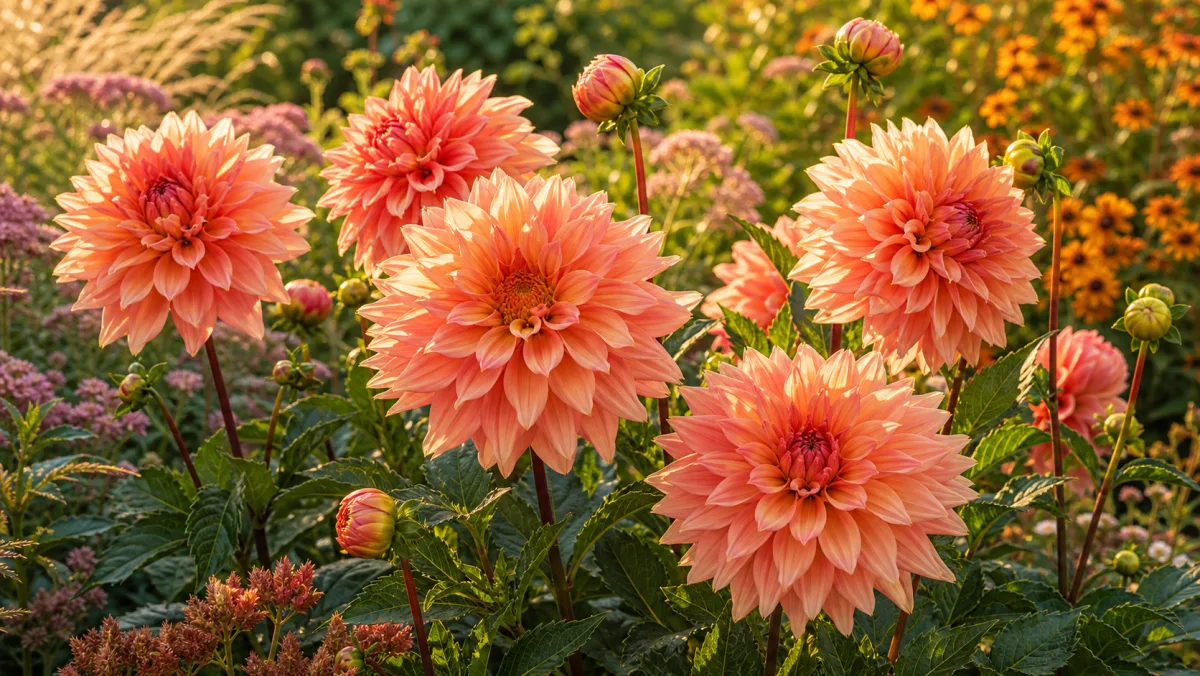 Dahlia 'Belle of Barmera' visad som redaktionell trädgårdsillustration i en frodig svensk trädgårdsmiljö