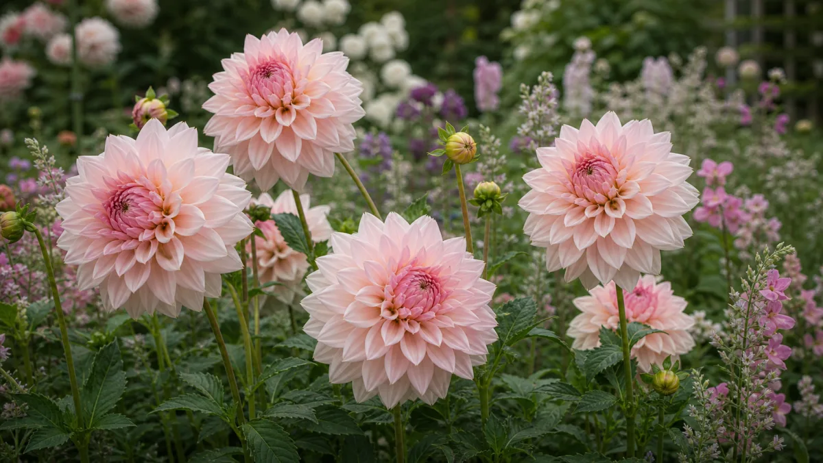 Dahlia 'Café au Lait Rose' visad som redaktionell trädgårdsillustration i en frodig svensk trädgårdsmiljö