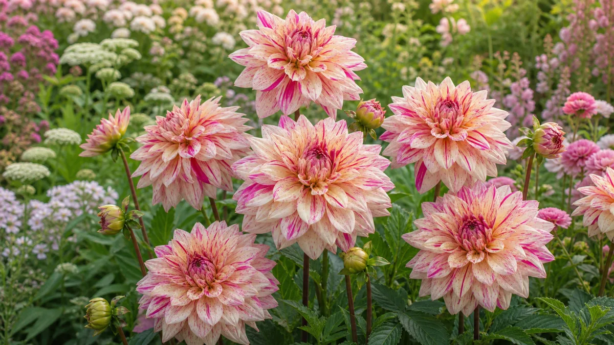 Dahlia 'Café au Lait Twist' visad som redaktionell trädgårdsillustration i en frodig svensk trädgårdsmiljö
