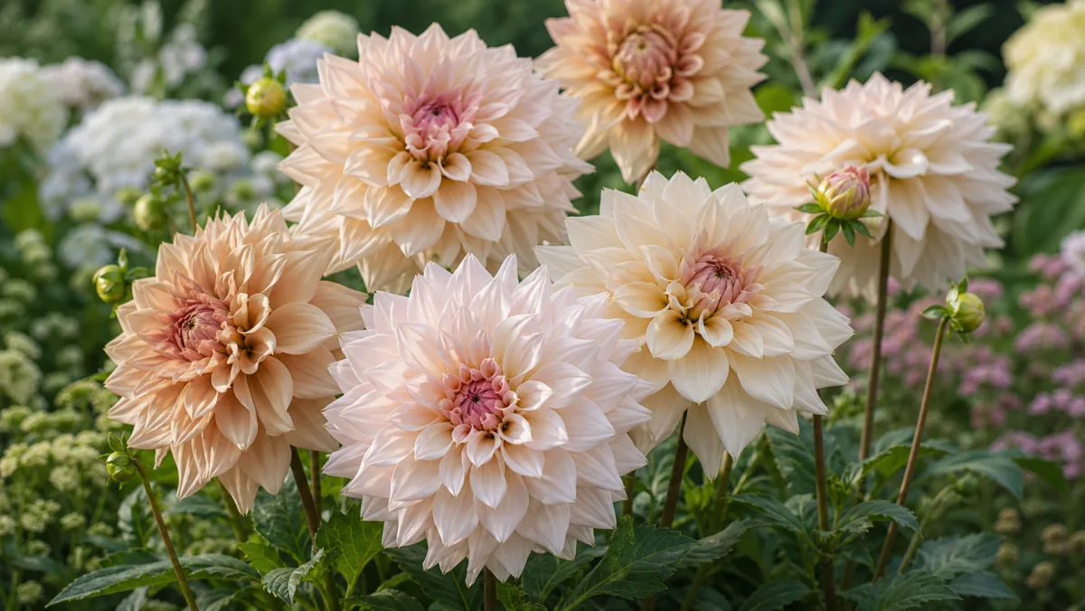 Dahlia 'Café au Lait' visad som redaktionell trädgårdsillustration i en frodig svensk trädgårdsmiljö