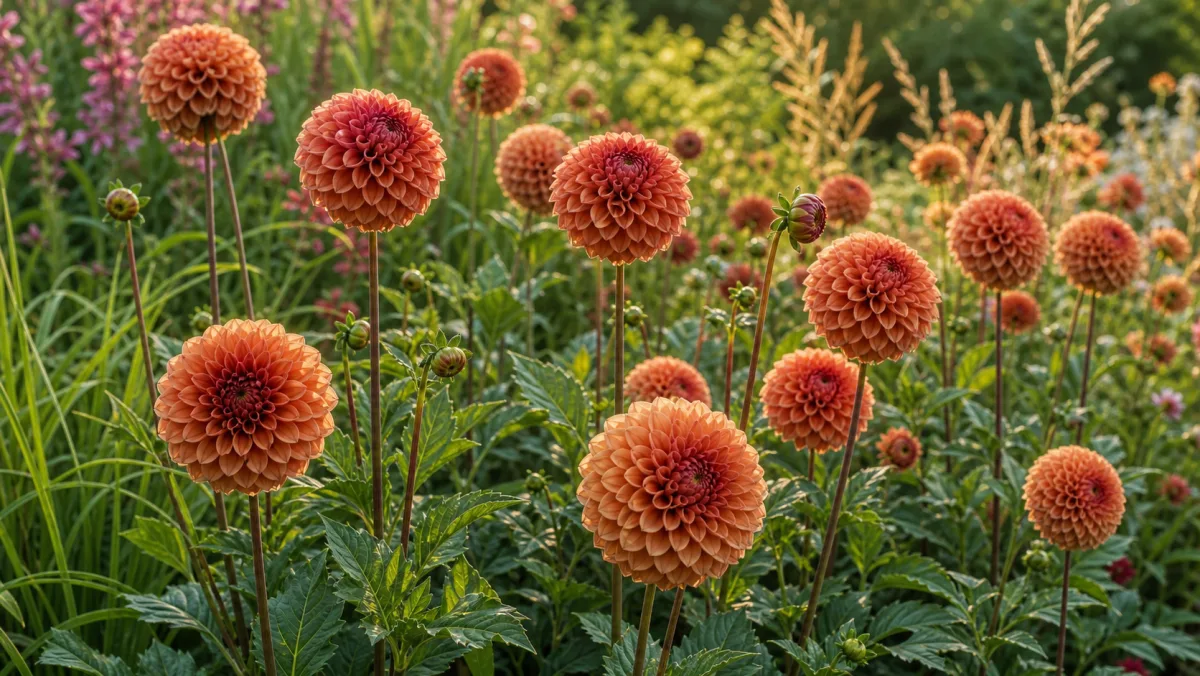 Dahlia 'Cornel Brons' visad som redaktionell trädgårdsillustration i en frodig svensk trädgårdsmiljö