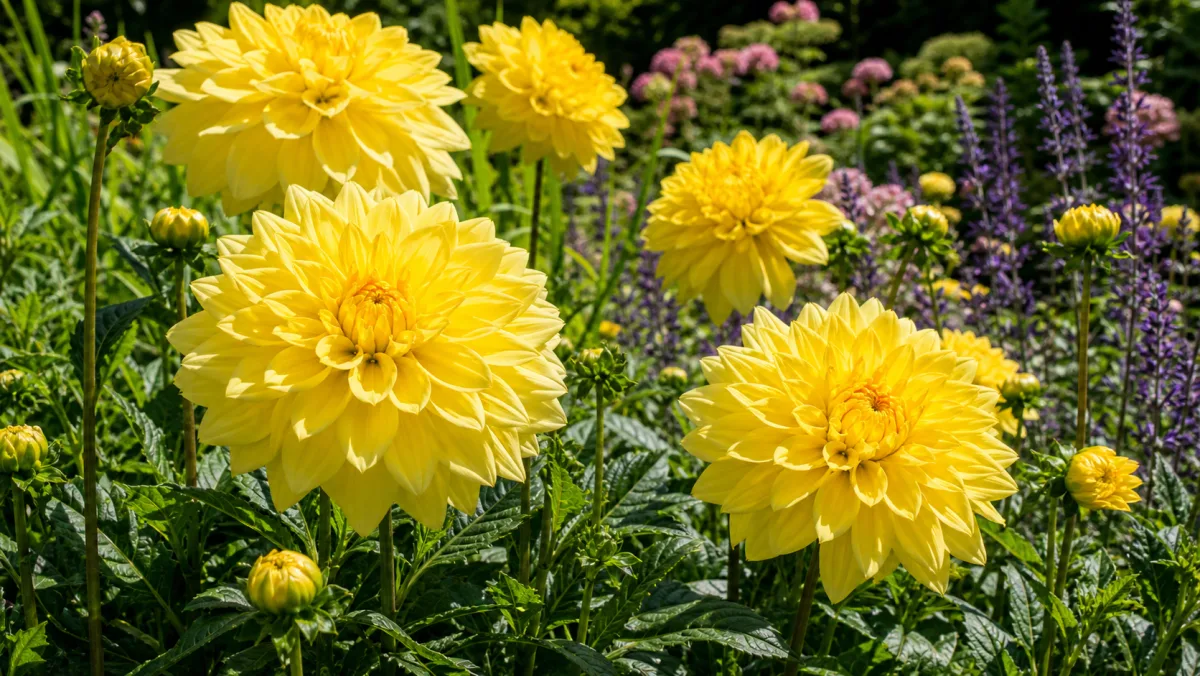 Dahlia 'Fairway Spur' visad som redaktionell trädgårdsillustration i en frodig svensk trädgårdsmiljö