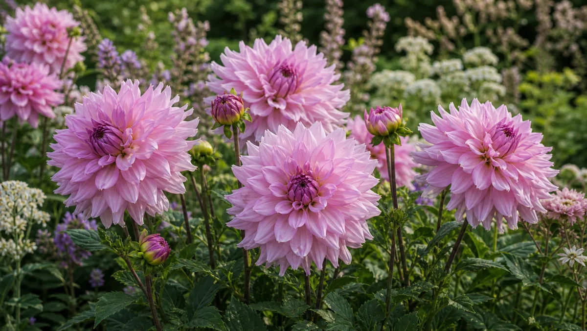 Dahlia 'Lavender Perfection' visad som redaktionell trädgårdsillustration i en frodig svensk trädgårdsmiljö