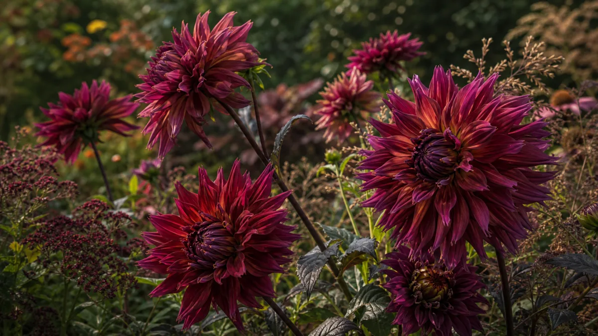 Dahlia 'Penhill Dark Monarch' visad som redaktionell trädgårdsillustration i en frodig svensk trädgårdsmiljö