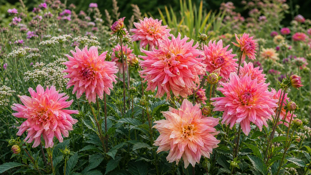Dahlia 'Penhill Watermelon' visad som redaktionell trädgårdsillustration i en frodig svensk trädgårdsmiljö
