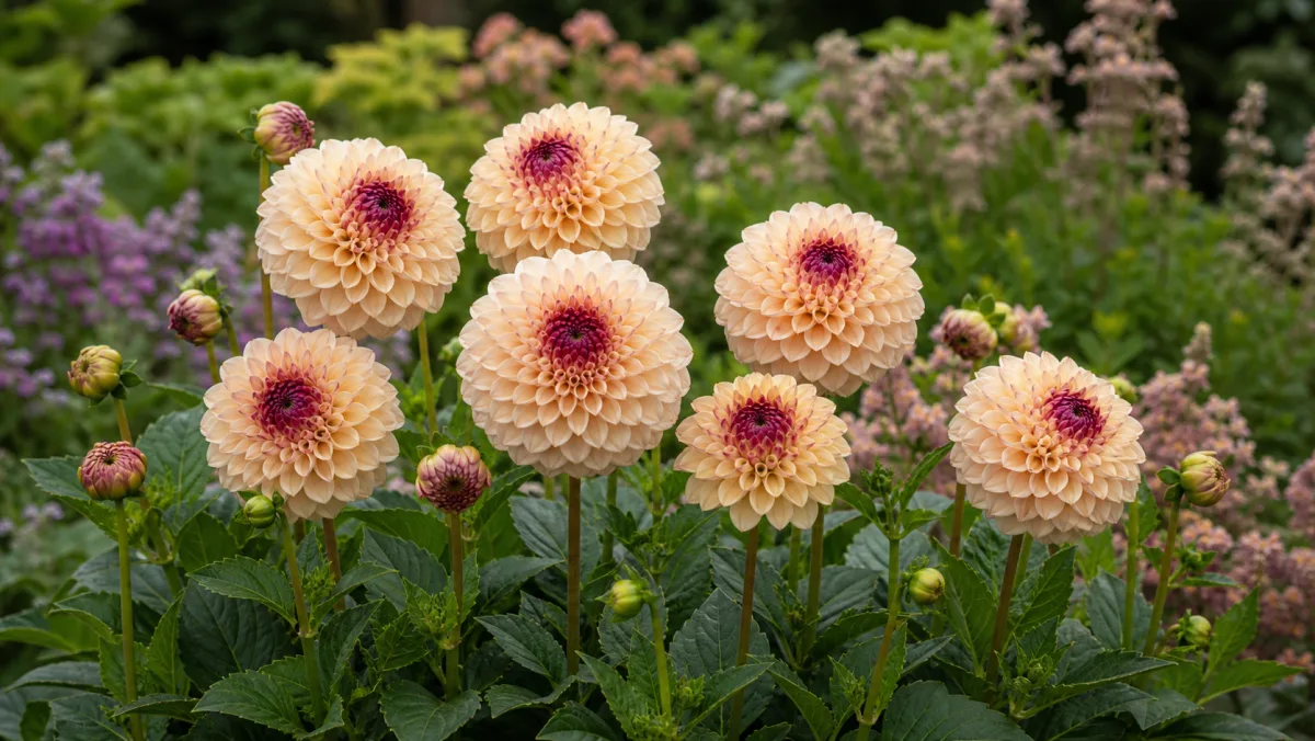 Dahlia 'Wine Eyed Jill' visad som redaktionell trädgårdsillustration i en frodig svensk trädgårdsmiljö