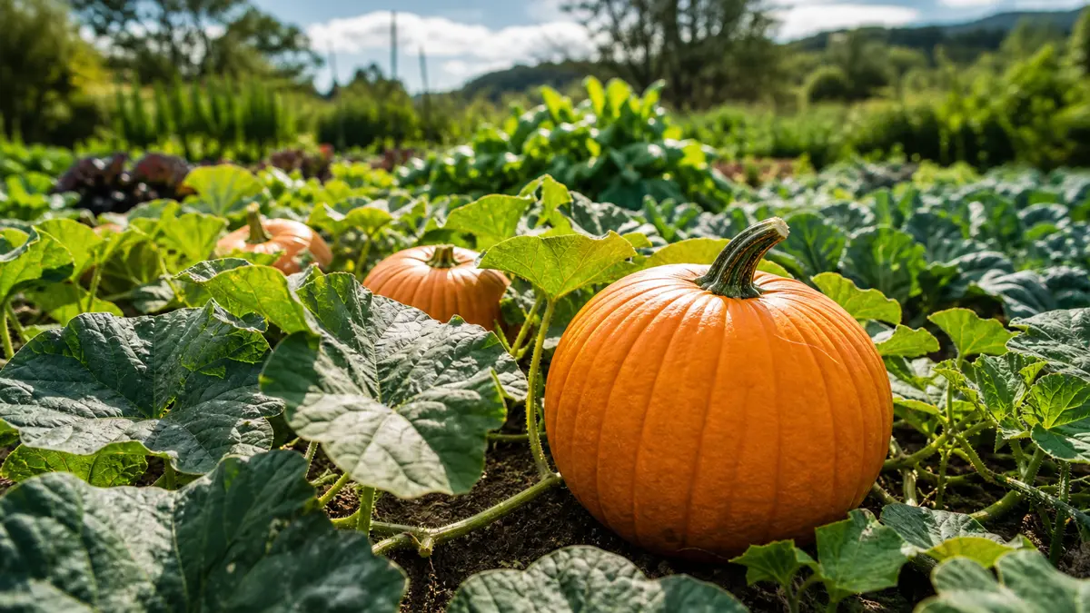 Pumpa visad som redaktionell trädgårdsillustration i en frodig svensk trädgårdsmiljö