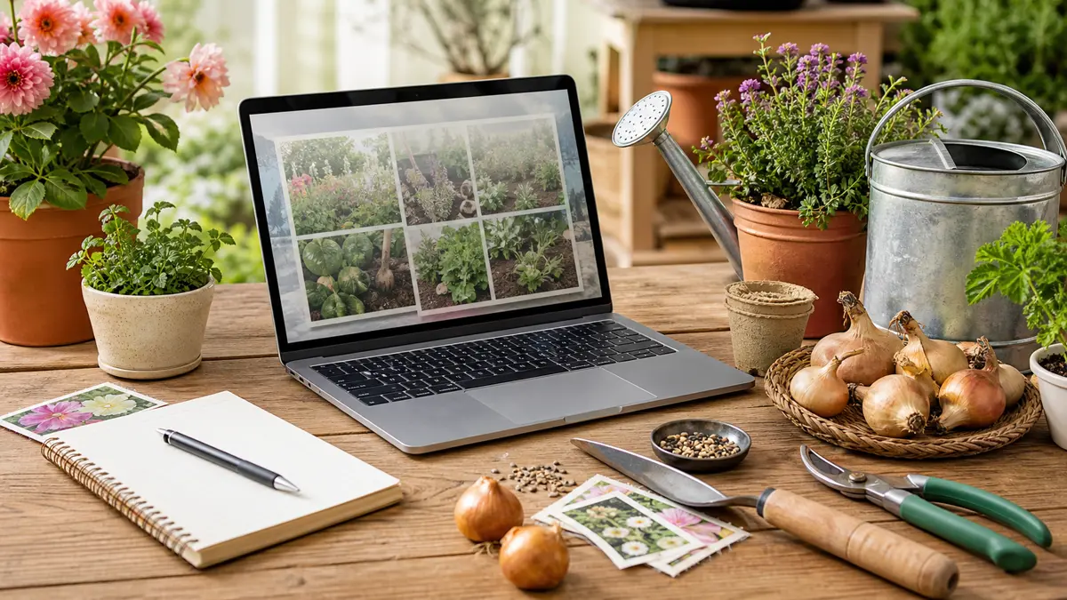 Trädgårdsbutik online visad som redaktionell trädgårdsillustration i en frodig svensk trädgårdsmiljö
