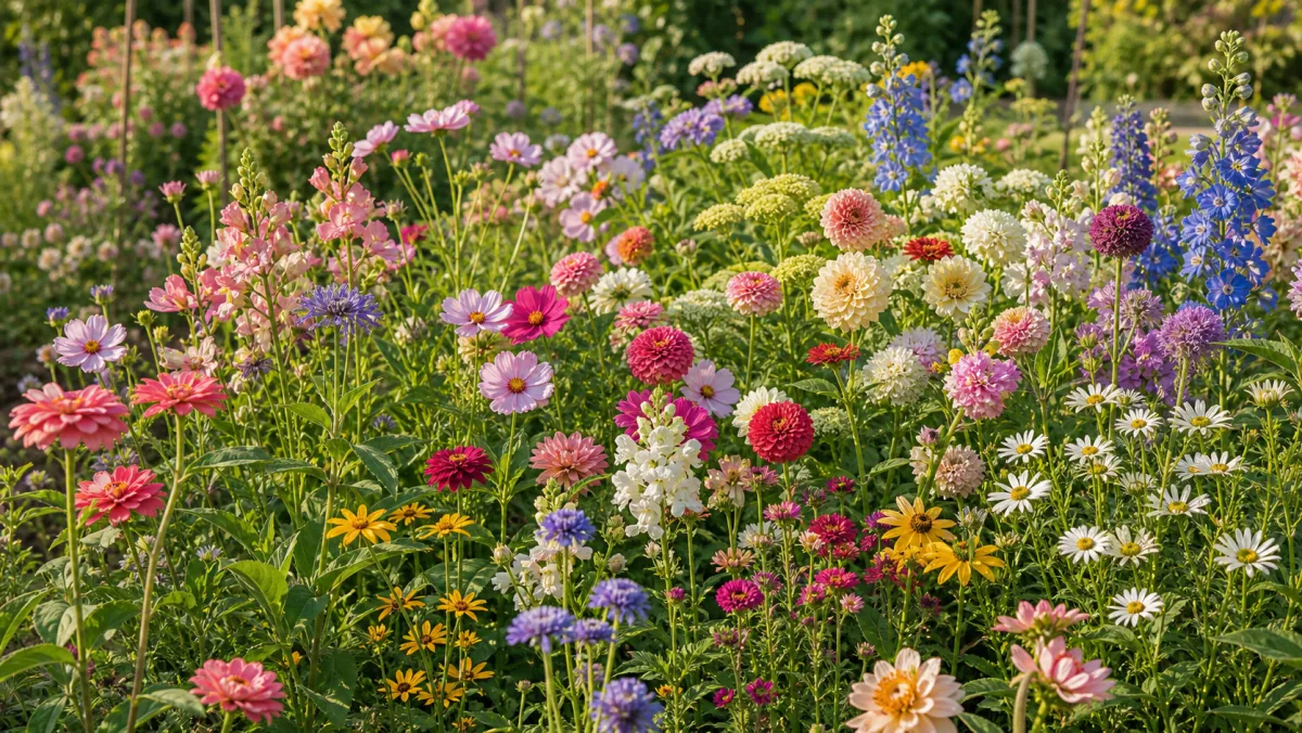 Ekologisk fröblandning för snittblommor visad som redaktionell trädgårdsillustration i en frodig svensk trädgårdsmiljö