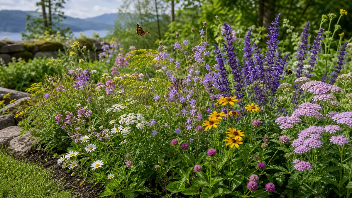 Pollinatörsvänliga blommor visad som redaktionell trädgårdsillustration i en frodig svensk trädgårdsmiljö