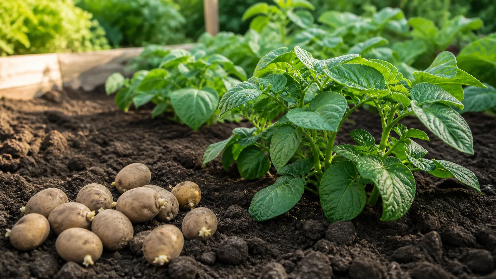 Potatis visad som redaktionell trädgårdsillustration i en frodig svensk trädgårdsmiljö