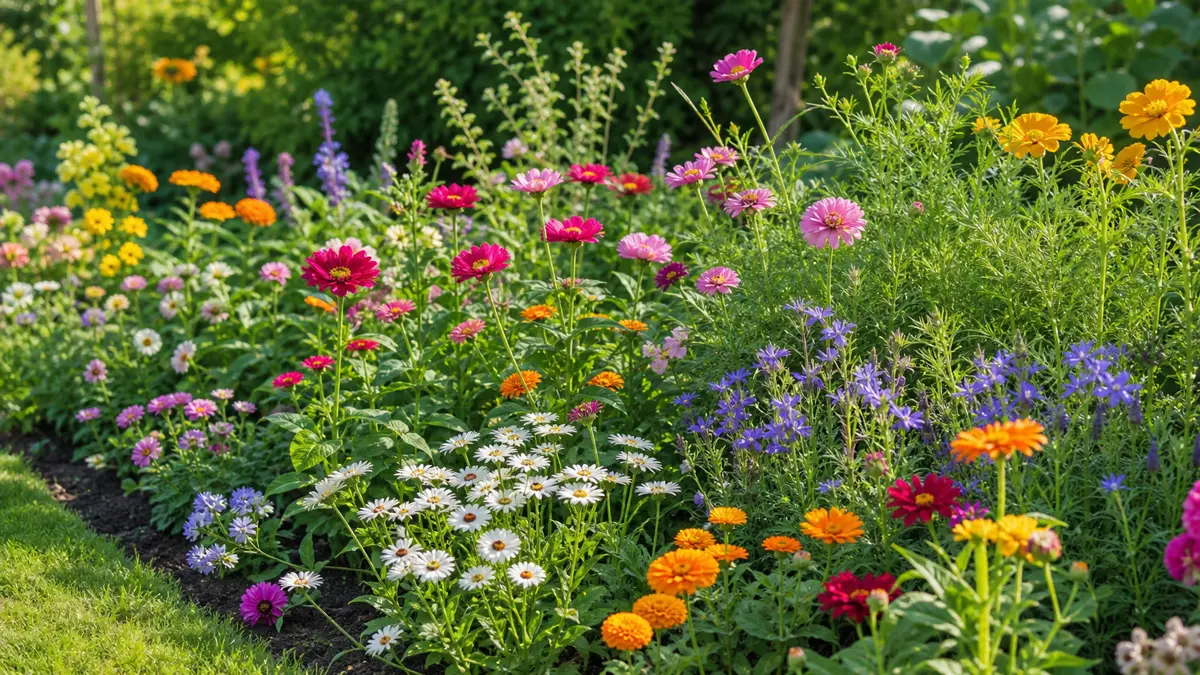 Sommarblommor från frö visad som redaktionell trädgårdsillustration i en frodig svensk trädgårdsmiljö