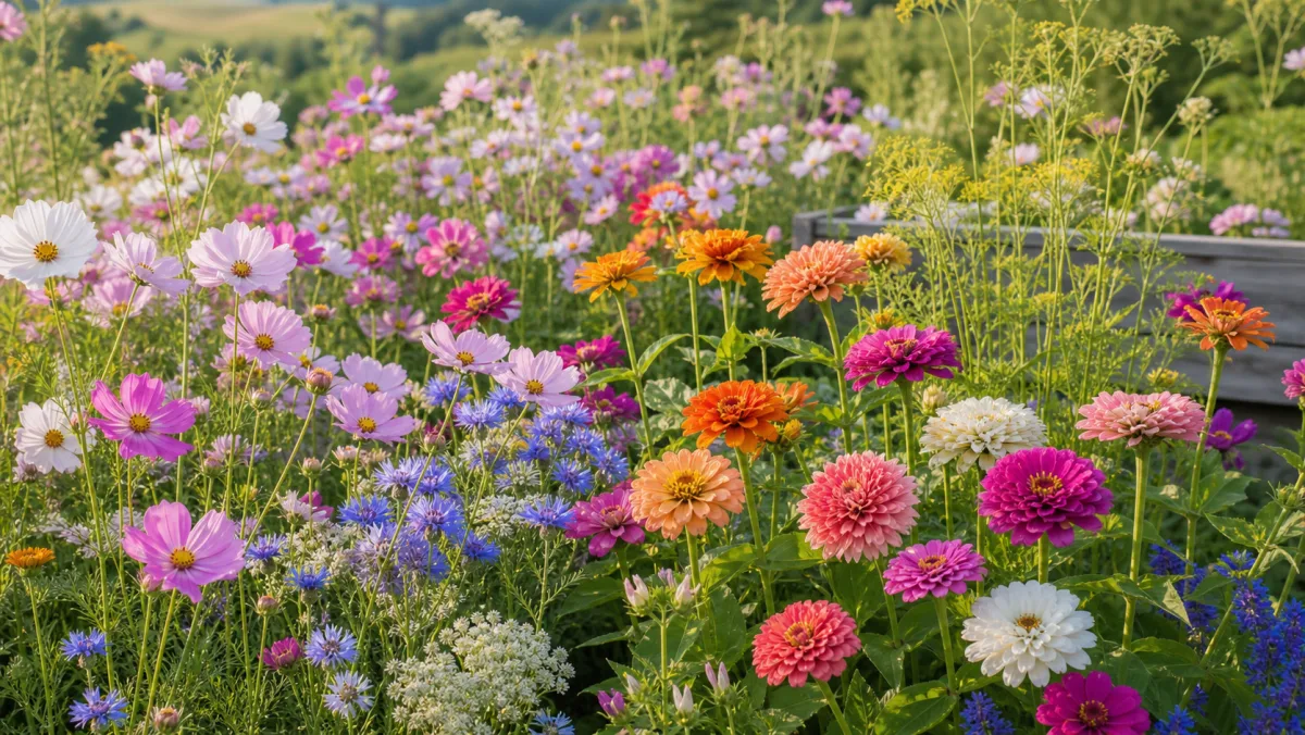 Sommarens snittblommor visad som redaktionell trädgårdsillustration i en frodig svensk trädgårdsmiljö
