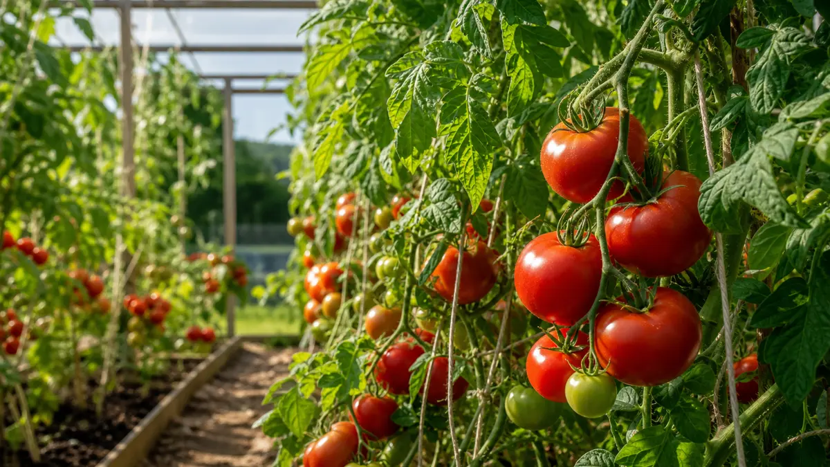 Tomater visad som redaktionell trädgårdsillustration i en frodig svensk trädgårdsmiljö
